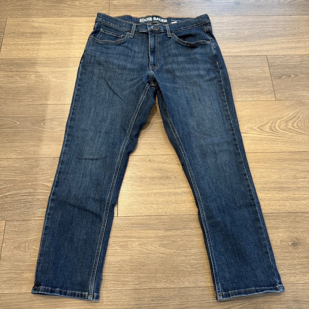 Eddie Bauer Mens Straight Fit Jeans Dark Wash Blue 34x29 Stretch Denim